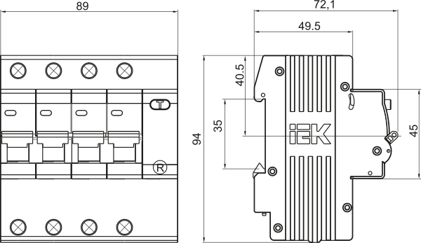 Размеры четырехполюсных выключателей ИЭК АД14