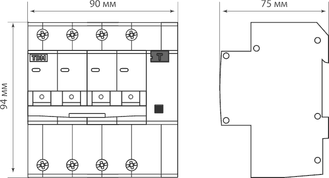 Размеры четырехполюсных выключателей ТДМ АД14