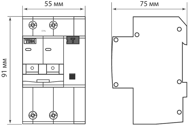 Размеры двухполюсных выключателей ТДМ АД12