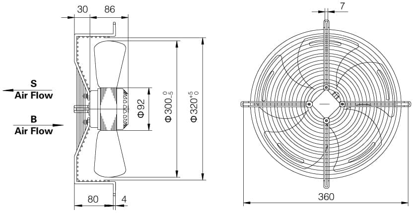 Dimensions of axial fan YWF2E-300S