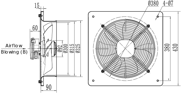 Dimensions of axial fan YWF2D-300B-92/35-B