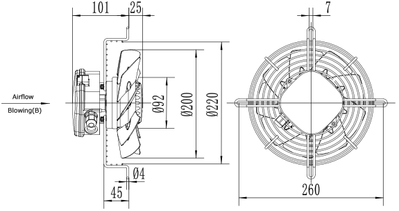 Dimensions of axial fan YWF2E-200B-92/15-G