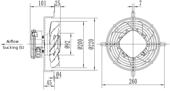 Dimensions of axial fan YWF2E-200S-92/15-G