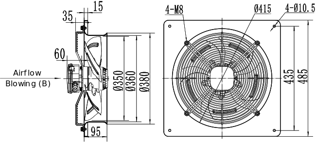 Dimensions of axial fan YWF4E-350B-102/47-B
