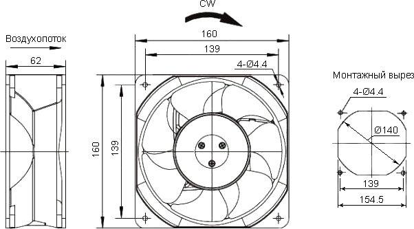 Размеры компактного вентилятора AC-16062HBW-220