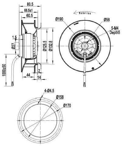 Dimensions of motor-wheel CF190B-2E-AC0D