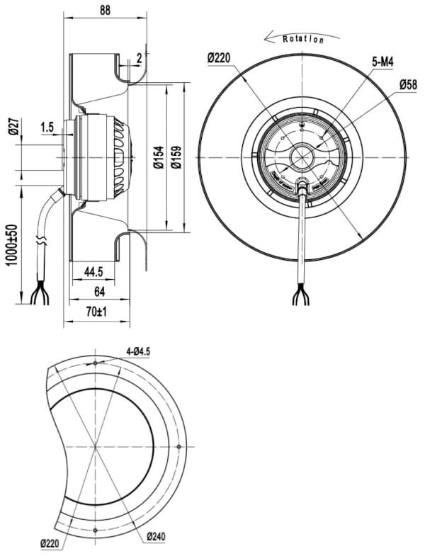 Dimensions of motor-wheel CF220B-2E-AC0D