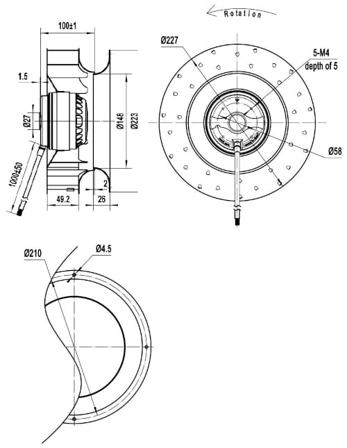 Dimensions of motor-wheel CF225B-2E-AC0D