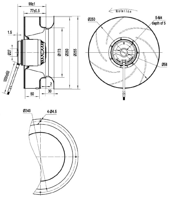 Dimensions of motor-wheel CF250B-2E-AC0D