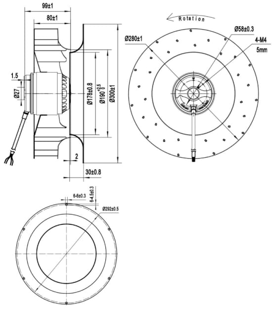 Dimensions of motor-wheel CF280B-2E-AC0D