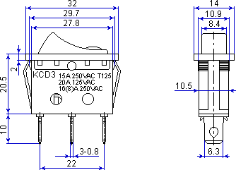 Размеры клавишного выключателя KCD-101/EN-4