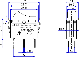 Размеры клавишного выключателя KCD-101N-4