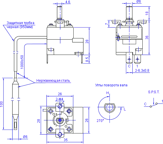 Размеры и схема срабатывания капиллярного термостата WYF85Z1
