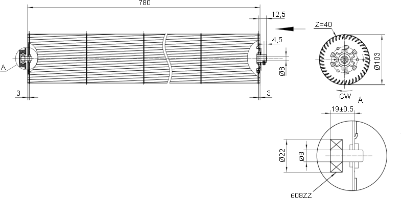 Размеры тангенциального вентиляторного колеса MR103-780A