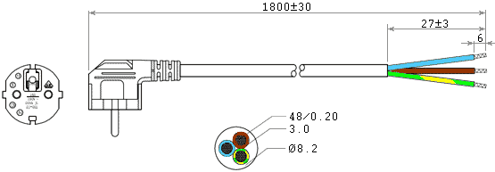 Силовой провод H05VV-F с угловой евровилкой